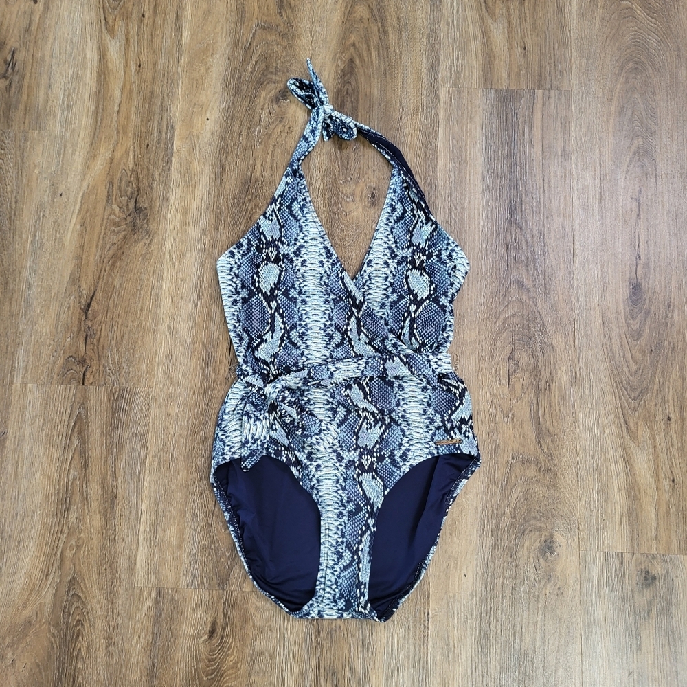Vince Camuto Women's Snake Print  One Piece Swimsuit Size 10 Blue Halter